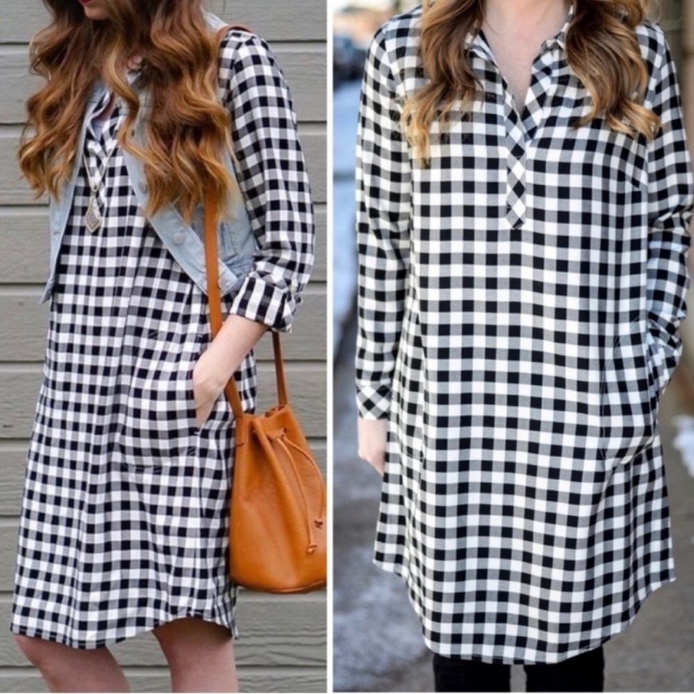 NWT J Jill XS Gingham Shirt Dress Black Cream Pockets Long Sleeve 100% Rayon